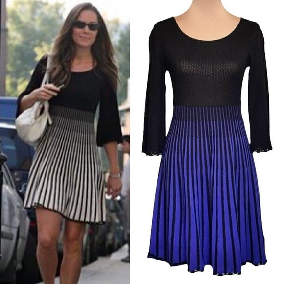 French Connection Rib-Knit Mini Dress Sz.4 Two-Tone Black Purple Bell Sleeve - Picture 1 of 13
